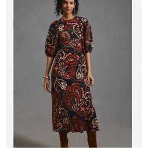 Kachel Anthropologie Paisley Puff Sleeve Maxi Dress Navy Pink XS
